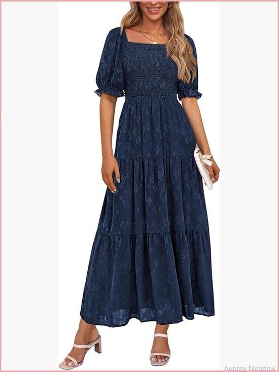 Dresses & Skirts - Square Neck Short Sleeve Smocked Midi Dress Floral Boho